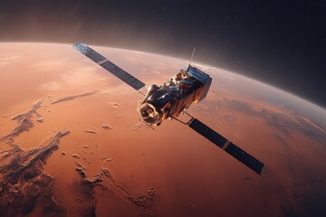 Obraz premium Exploration Satellite Orbiting Mars, With The Red Planet’S Surface Sharply Visible Below Showing Vast Canyons, Dust Storms, And Cratered Regions In High Detail. The Satellite 