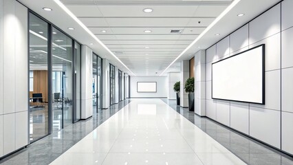 Office Corridor with Large Canvas on Wide Wall, Evenly Lit for Corporate Branding