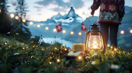 Cozy mountain scene at twilight with lantern, cheese, wildflowers, and Swiss flags under string lights and alpine peaks