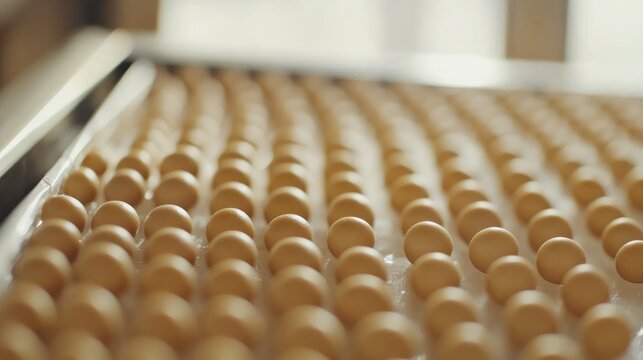 A conveyor belt transports a grid of oval, tan-colored items in a brightly lit factory setting