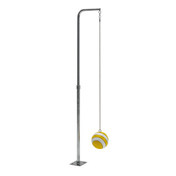 A regulation-sized tetherball set featuring a sturdy grey metal pole, thick white rope, and a spherical yellow and white segmented tetherball, 3/4 view on a transparent background with no shadows,