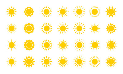 Sun Icon Set – Yellow Vector Sunshine Symbols for Weather, Summer, and Design Projects