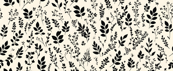 Seamless leopard fur texture with floral and butterfly vector pattern design in black silhouette style