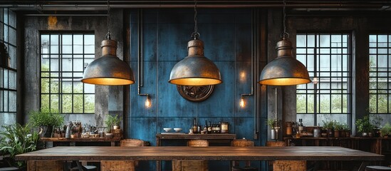 Industrial-style interior with three pendant lamps above a long wooden table.