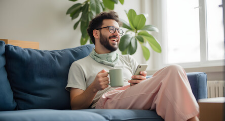 Man Relaxing on Sofa with Mobile Phone