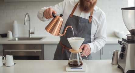 Man Pouring Coffee with Copper Kettle