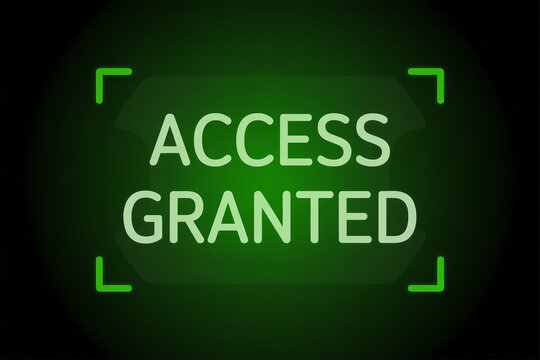 Digital access granted with glowing green text and corner brackets on a dark background