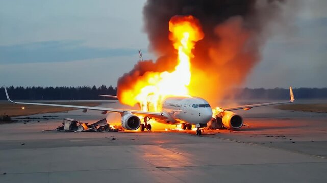 Passenger airplane bursting into flames during catastrophic runway explosion, with black smoke and emergency flames engulfing the aircraft in a tragic aviation disaster moment of high impact, danger