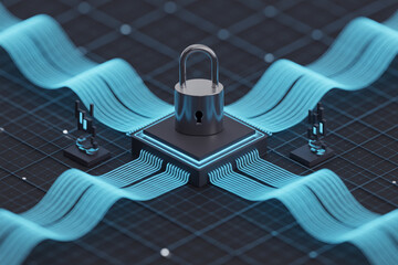 Digital padlock secured on a futuristic computer chip with glowing blue data streams