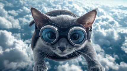 A gray kitten, wearing goggles, seemingly flies through fluffy white clouds against a bright blue sky, its expression curious and slightly apprehensive