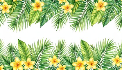 Tropical vintage botanical green plants, palm leaves seamless border, Jungle wallpaper