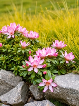 Closeup of Rhododendron arboreum bushes near stones, yellowing grass background