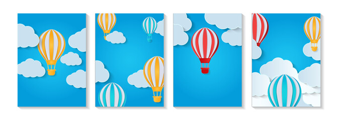 hot air balloons poster set, paper cut clouds on blue sky. Cappadocia festival vacation tour banner flyer. Vector illustration