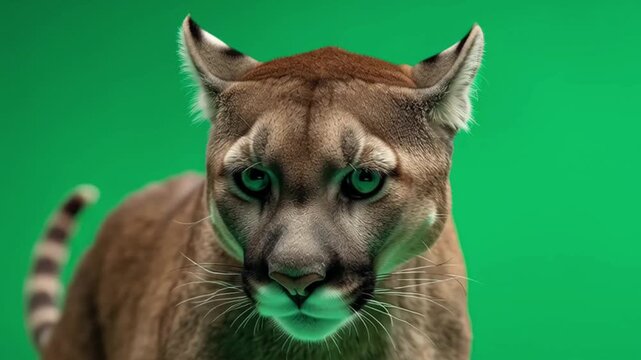 Close up shot of a cougar with green eyes and brown fur against a green screen background green screen animal video