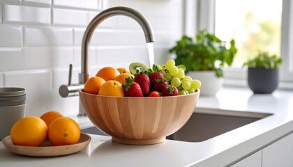 Wooden bowl of fruit being rinsed under kitchen tap