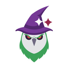 Green owl wearing a purple wizard hat with sparkles vector design