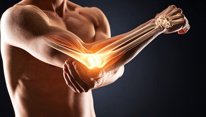 X-ray style image of a muscular male's arm showing an inflamed elbow joint