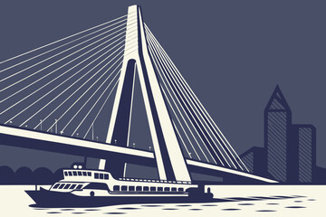 Naklejka premium Night view of Erasmus Bridge Rotterdam illuminated with white lights, reflections shimmering on the Maas River, and ferries cruising below, modern flat illustration style