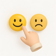 A 3D customer satisfaction concept showing a hand pressing a happy face button, a simple digital interaction for reviews and service evaluation.