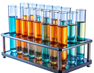 Angled Close-Up of Test Tubes with Refracted Light Beams and Gradient Fluids