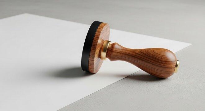 Wooden-handled stamp resting on a sheet of white paper, showcasing a sophisticated design.