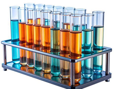 Angled Close-Up of Test Tubes with Refracted Light Beams and Gradient Fluids