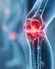 3d render of a human knee joint with highlighted pain, medical concept