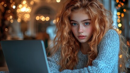 A young woman with curly hair focused on a laptop in a cozy, warmly lit environment.