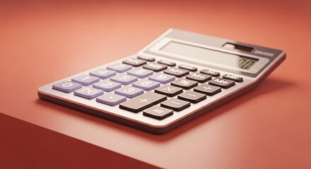 A close up shot of a silver calculator with purple and black buttons on a orange colored surface