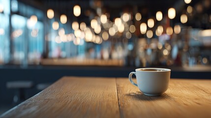 Minimalist wooden desk with coffee cup, a serene workspace for focused productivity