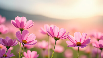 Fototapeta premium Pink Cosmos Flowers in a Soft Pastel Field at Sunrise