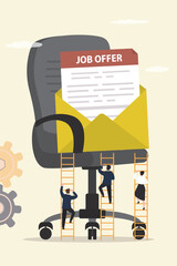 Various candidates climbing on ladders to office chair with job offer. Potential employees competing to get a desired offer, contract, employment. Business competition,