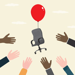 Various candidates catching vacancy chair, human resources, HR recruitment concept, candidates hands trying to grab office chair flying in the air with balloon. We are hiring