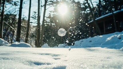 A sunlit scene of snow, a thrown snowball suspended mid-air, near a cabin and trees