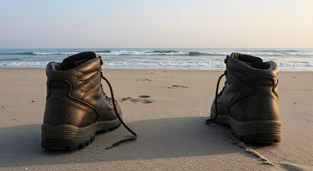 A pair of dark leather boots sit on a sandy beach, facing the ocean waves under a clear sky.