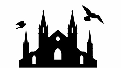 Fototapeta premium Silhouette of a gothic cathedral with tall spires and birds flying around it in a monochrome image style