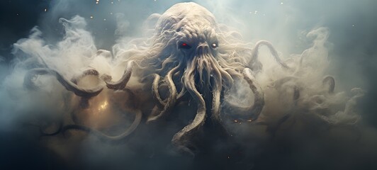 a light Kraken goblin , coming out of the smoke, generative AI