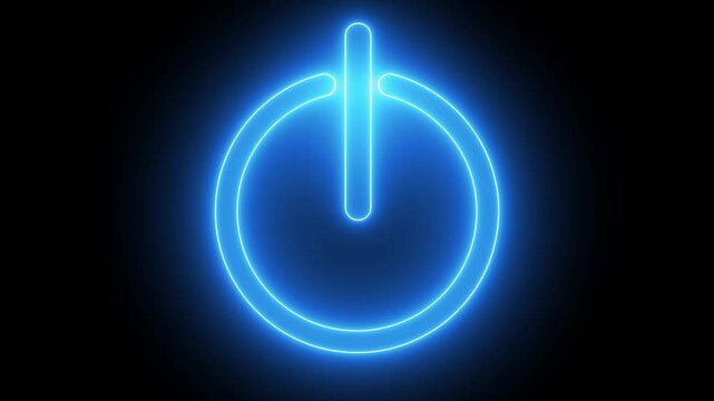 Neon glowing power button icon animated on a black background. power off / on button animation