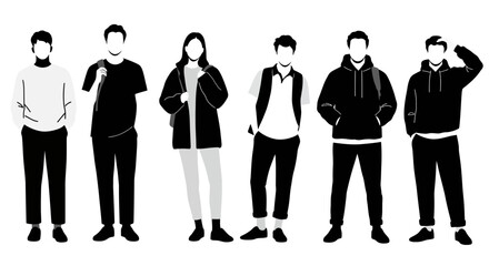 Group of Students Standing Together in Black and White Silhouette
