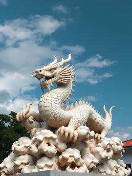 A sculpture full of traditional Chinese characteristics is a Chinese dragon entrenched in the clouds.