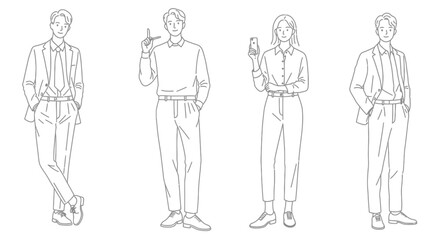 Young Professionals in Business Attire Line Art Style Silhouette