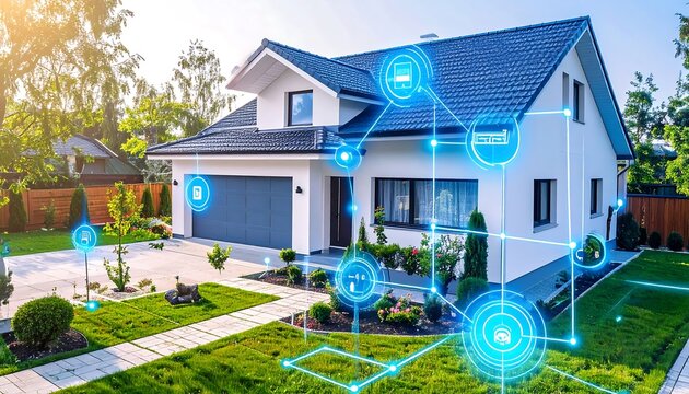 Smart home technology overlay on a modern suburban house - Powered by Adobe