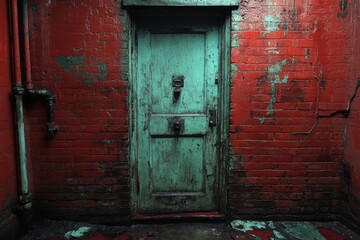 Naklejka premium A weathered door in a red-bricked corridor, evoking a sense of mystery and decay.