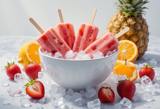 Refreshing summer frozen fruit popsicles surrounded by fresh strawberries citrus and pineapple on - Powered by Adobe