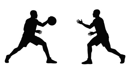 Basketball Players Passing the Ball Silhouette Style on White Background