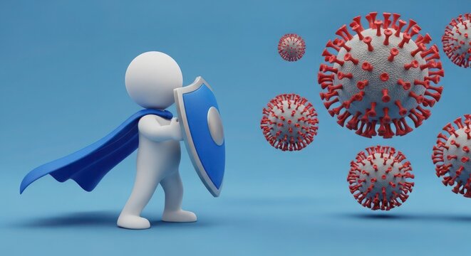 3D figurine superhero defends against virus particles.