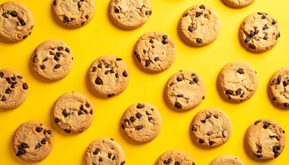Chocolate chip cookies on yellow background