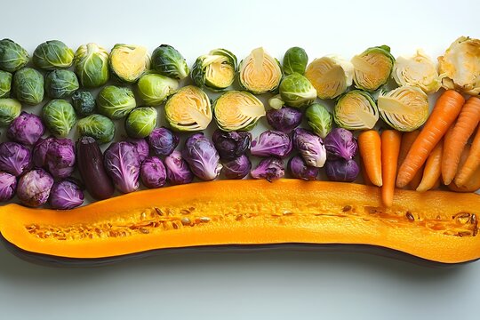Colorful fall vegetable arrangement with roasted butternut squash, purple carrots, and brussels sprouts, arranged in a smooth color gradient -- - Powered by Adobe