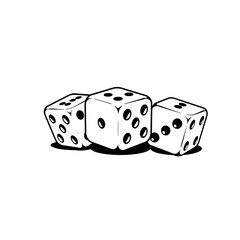 Minimalist black-and-white illustration of three dice. Ideal for themes of gaming, luck, and fun.