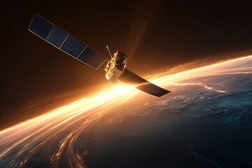  Satellite Orbiting Earth During A Rare Solar Flare Event, Intense Golden Plasma Waves Visible In Deep Space Behind, Earth'S Glowing Atmosphere Seen Below With Perfect Clarity, Cinematic Co